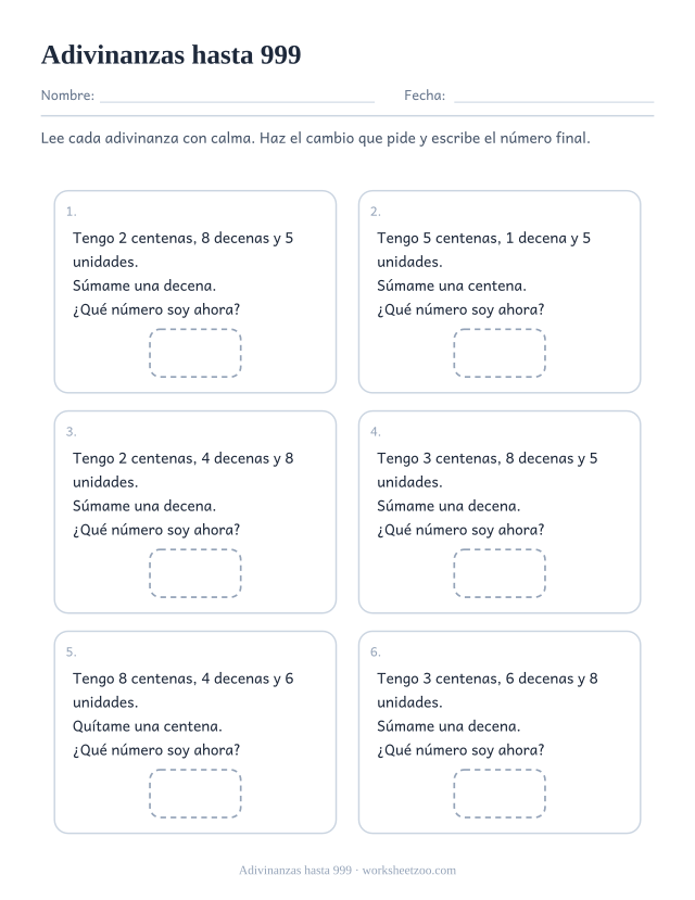Tarjetas de adivinanzas con pistas de centenas, decenas y unidades