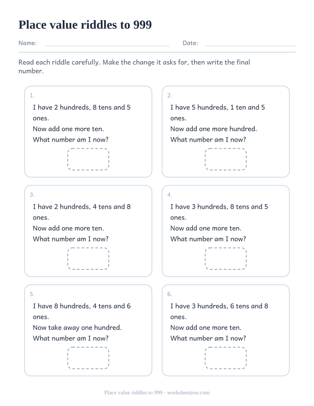 Place value riddle cards with hundreds, tens and ones clues