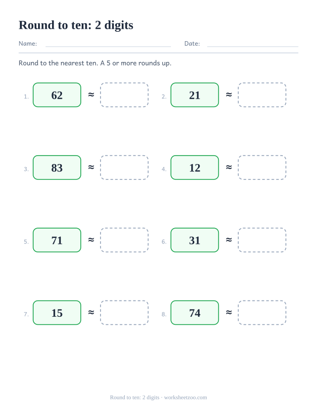 Rounding to the nearest ten worksheet for two-digit numbers