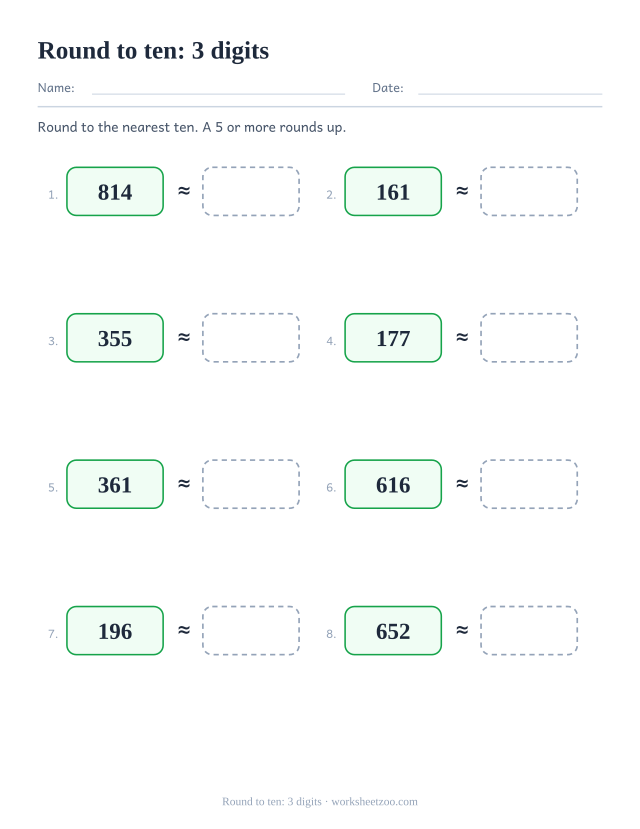 Rounding to the nearest ten worksheet for three-digit numbers