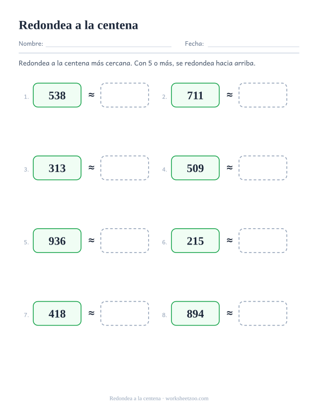 Ficha de redondeo a la centena dentro del 999