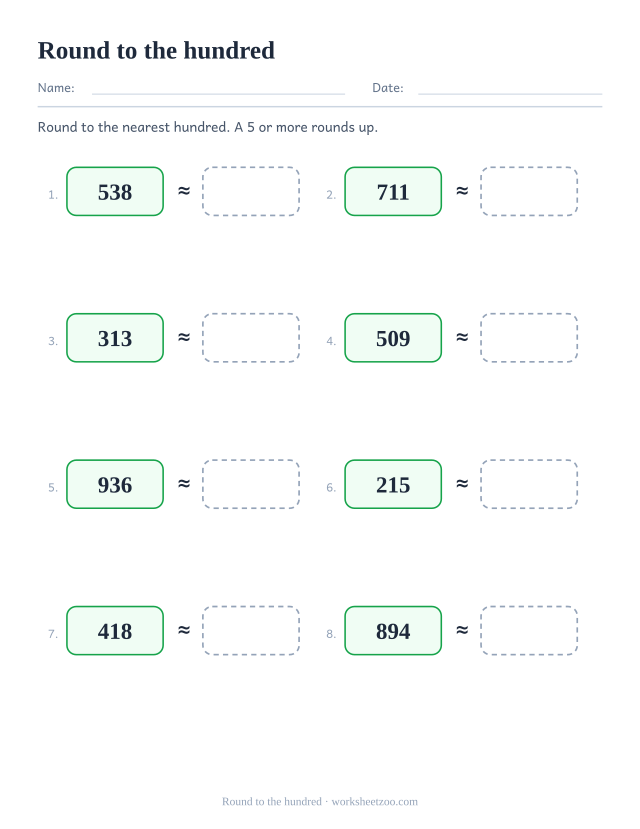Rounding to the nearest hundred worksheet within 999