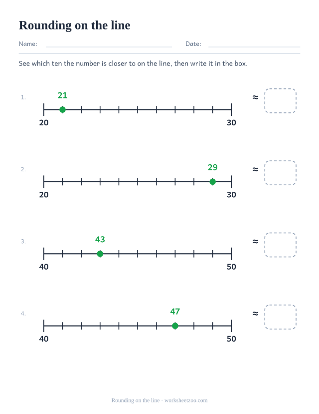 Rounding worksheet with number lines showing which ten is closer