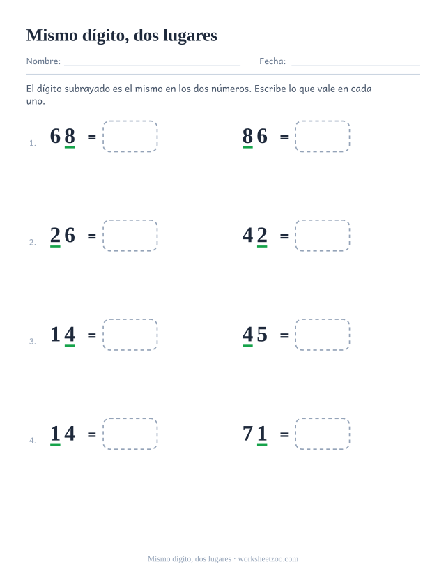 Ficha que compara el valor de un mismo dígito en dos lugares distintos