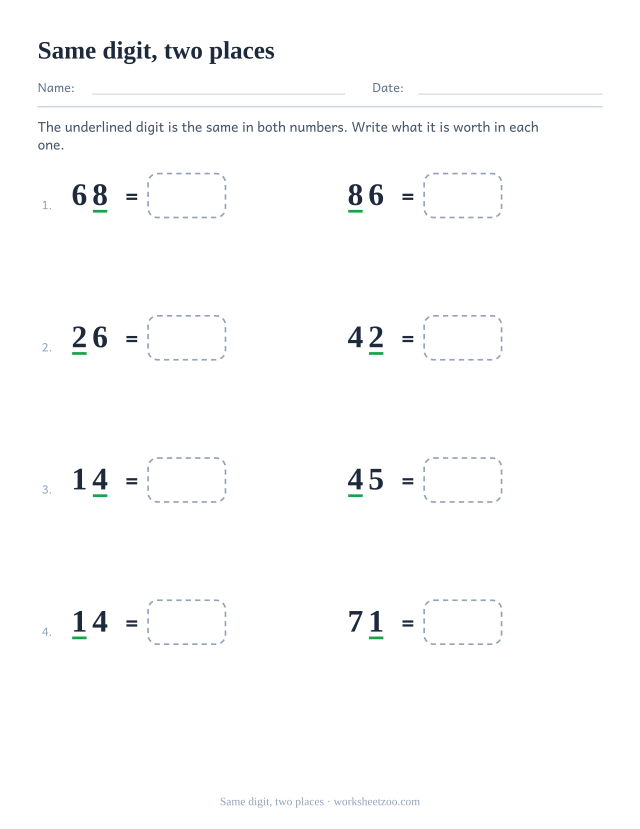 Place value worksheet comparing the value of one digit in two different places