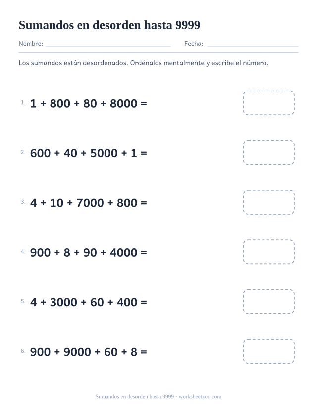 Ficha de cuatro cifras con sumandos desordenados