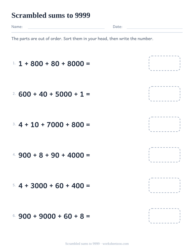 Four-digit place value worksheet with shuffled expanded sums