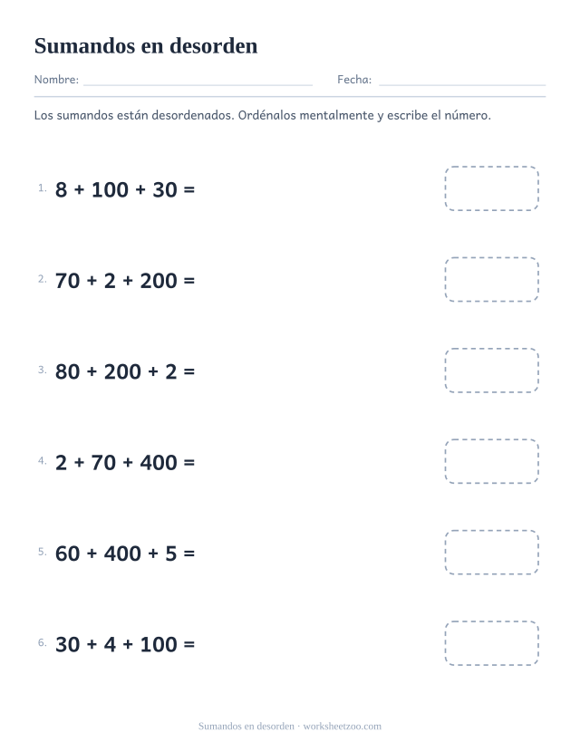 Ficha de valor posicional con sumandos desordenados