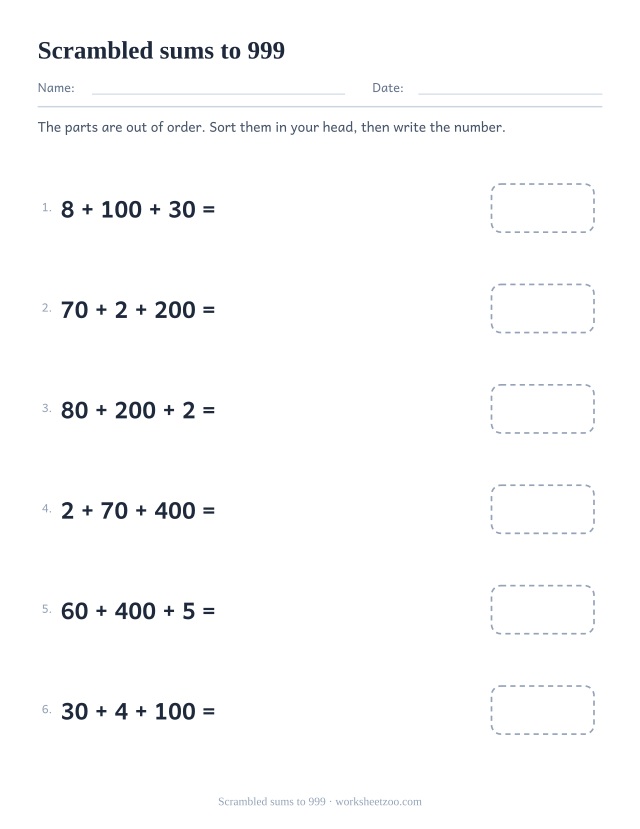 Place value worksheet with expanded sums given in scrambled order