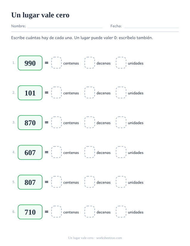 Ficha de valor posicional donde un lugar de cada número vale cero