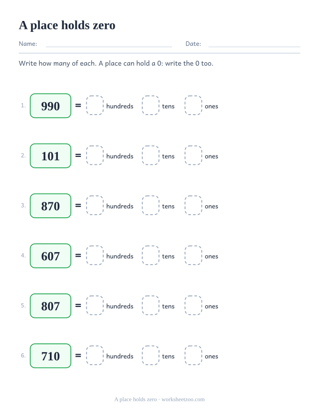 Place value worksheet where one place of every number holds a zero