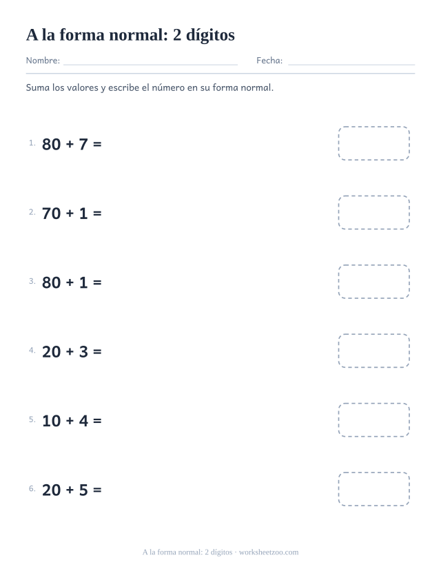 Ficha de forma normal convirtiendo sumas como 40 + 7 en números