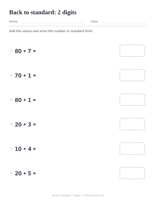 Standard form worksheet turning sums like 40 + 7 back into numbers