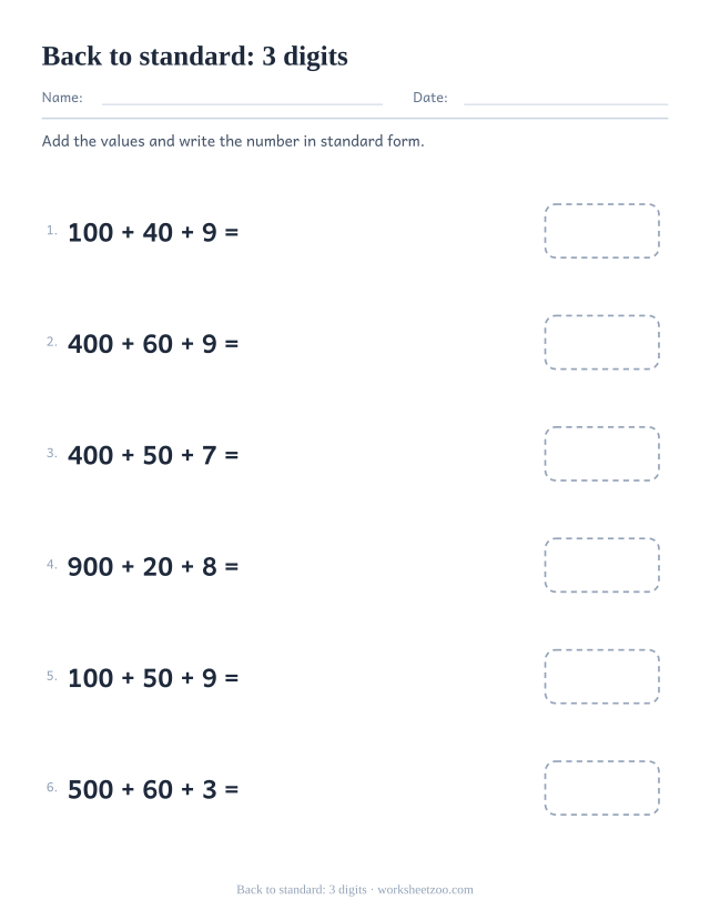 Standard form worksheet turning three-value sums back into numbers