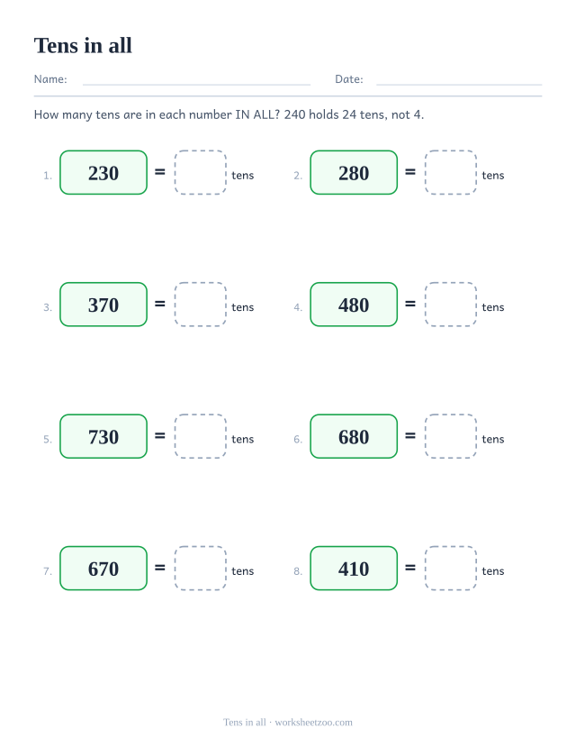 Worksheet counting how many tens a whole number contains in all