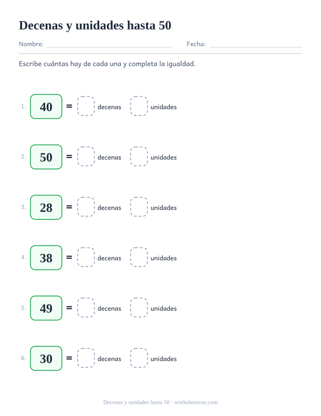 Ficha de decenas y unidades separando números hasta 50