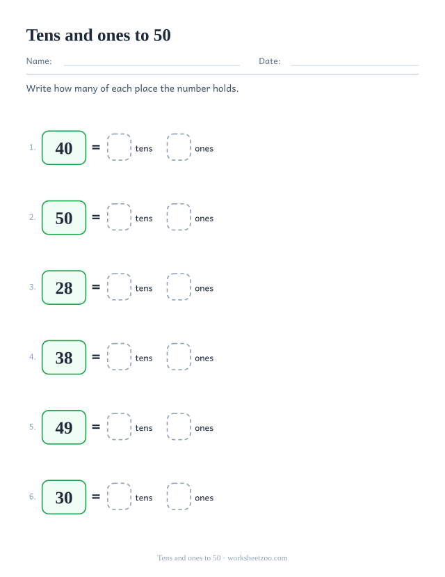 Tens and ones place value worksheet splitting numbers up to 50