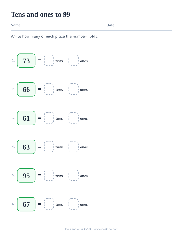 Tens and ones worksheet for two-digit numbers from 51 to 99