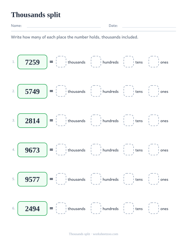 Place value worksheet splitting four-digit numbers with thousands