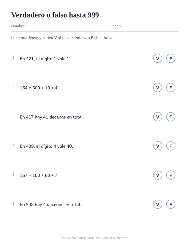 Ficha de afirmaciones verdaderas o falsas de valor posicional hasta 999