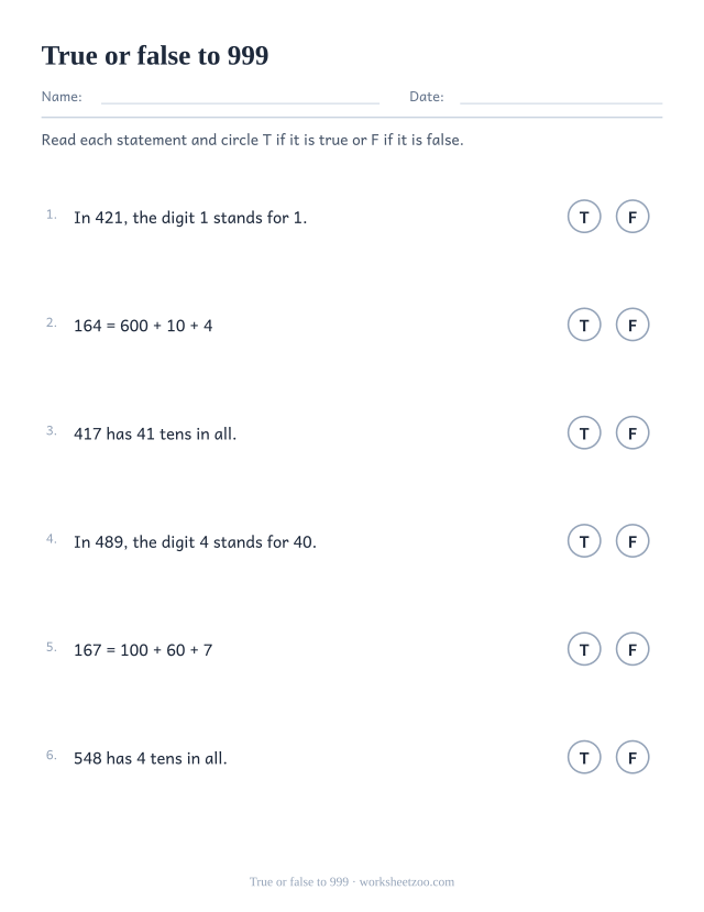 True or false place value statements worksheet for three-digit numbers