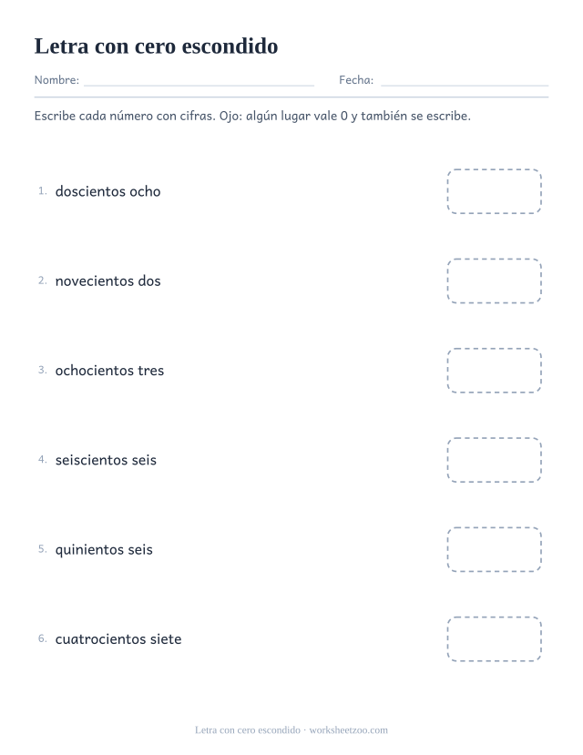 Ficha de números con letra donde toda respuesta necesita un cero escrito