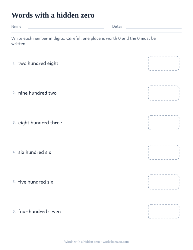 Number words worksheet where every answer needs a written zero