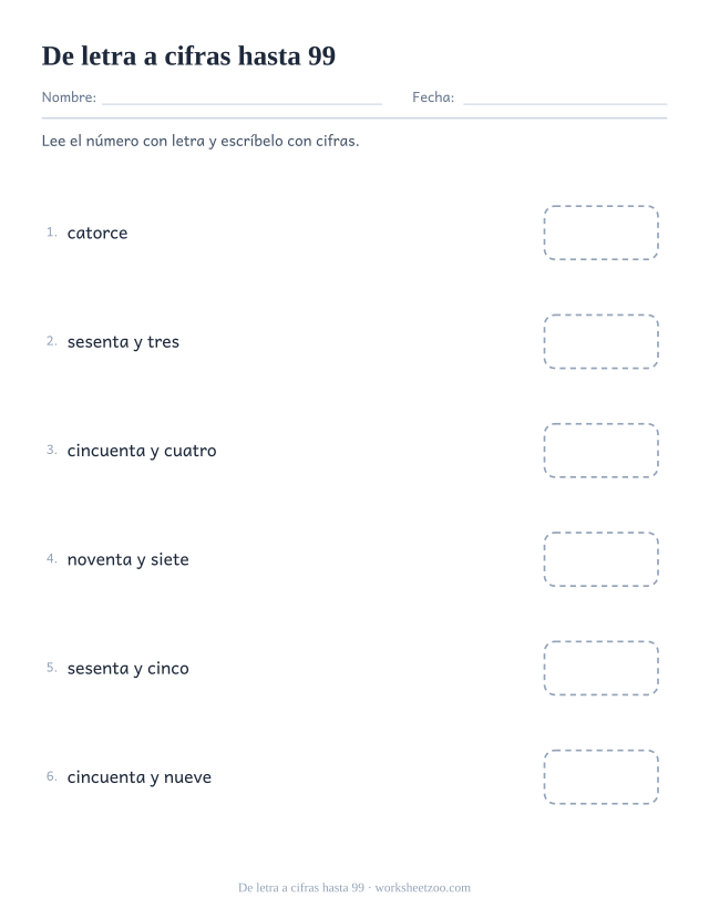 Ficha para leer números con letra y escribirlos con cifras hasta 99