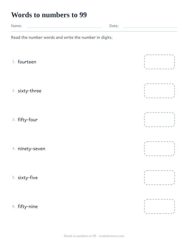 Worksheet reading two-digit number words and writing the digits