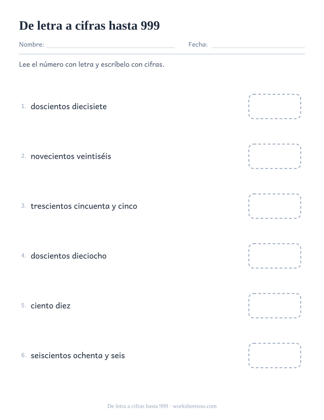 Ficha para leer números de tres cifras con letra y escribirlos con cifras
