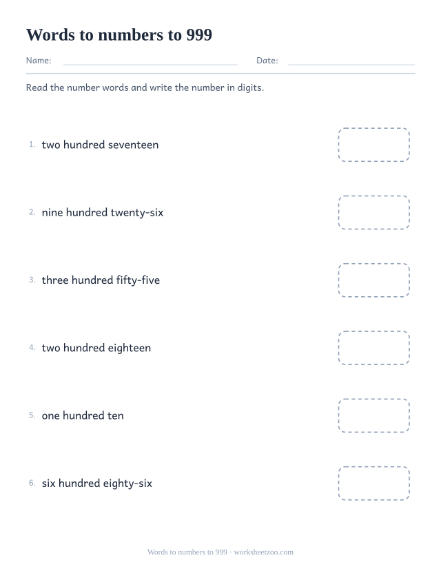Worksheet reading three-digit number words and writing the digits