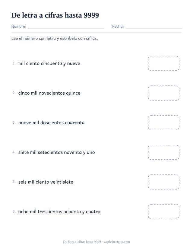 Ficha para leer números de cuatro cifras con letra y escribirlos con cifras