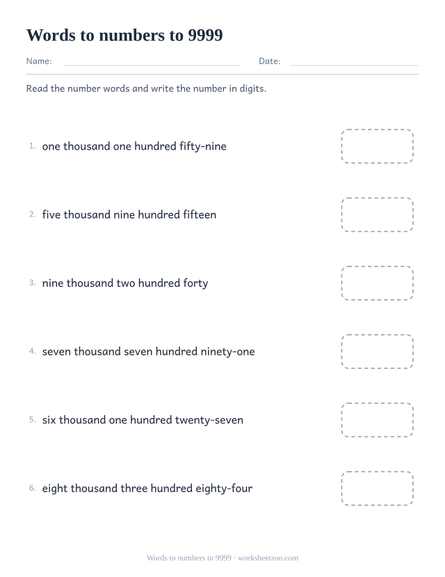 Worksheet reading four-digit number words and writing the digits