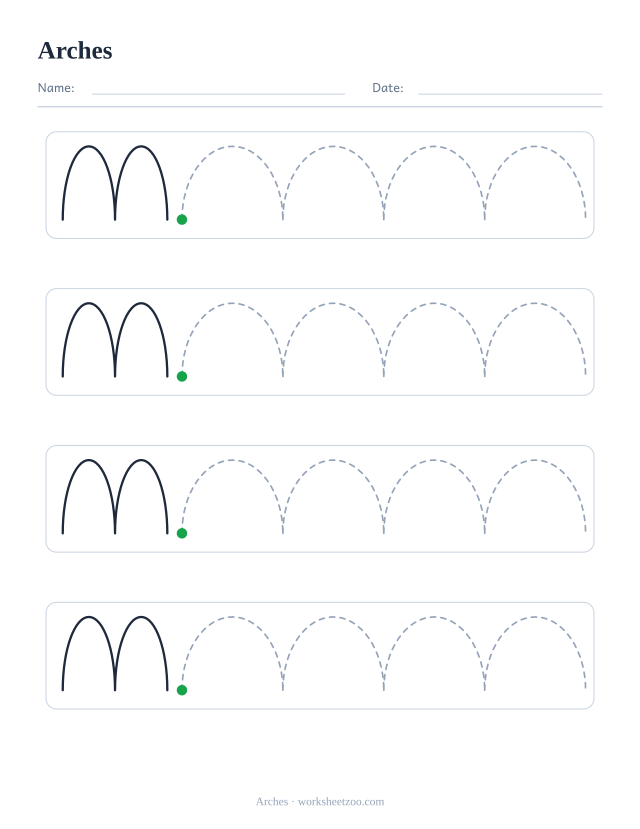 Arches pre-writing practice worksheet, a solid example followed by dashed arches patterns to trace