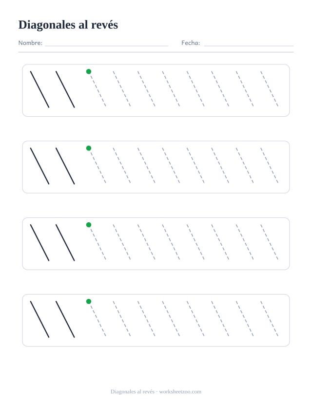 Ficha de grafomotricidad de diagonales al revés con un ejemplo continuo y patrones punteados para repasar