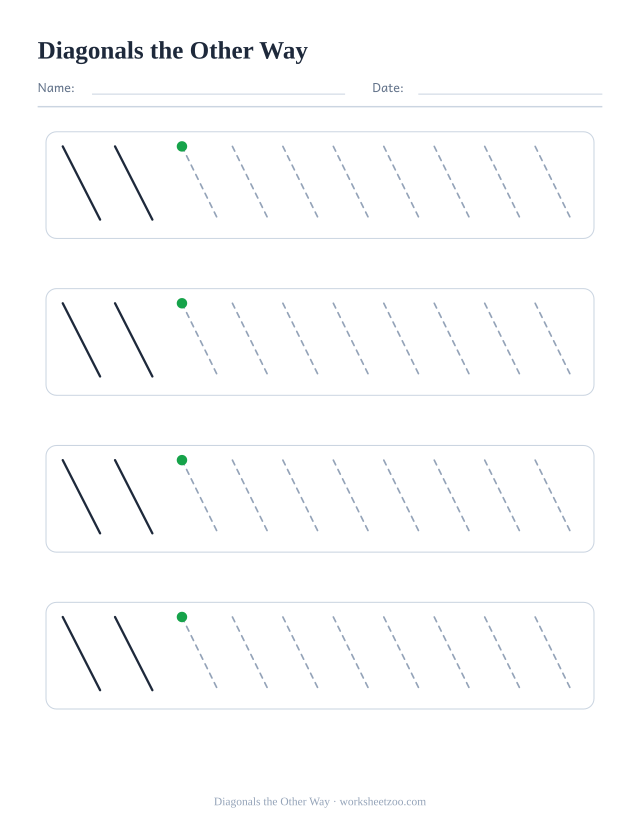 diagonals the other way pre-writing practice worksheet with a solid example and dashed patterns to trace