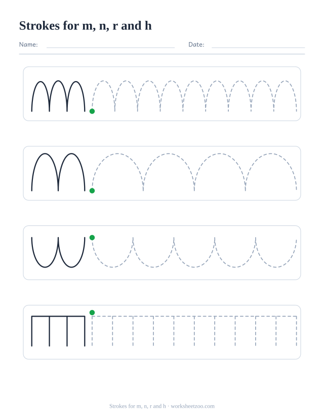 Pre-writing worksheet with four different practice strokes, strokes for m, n, r and h
