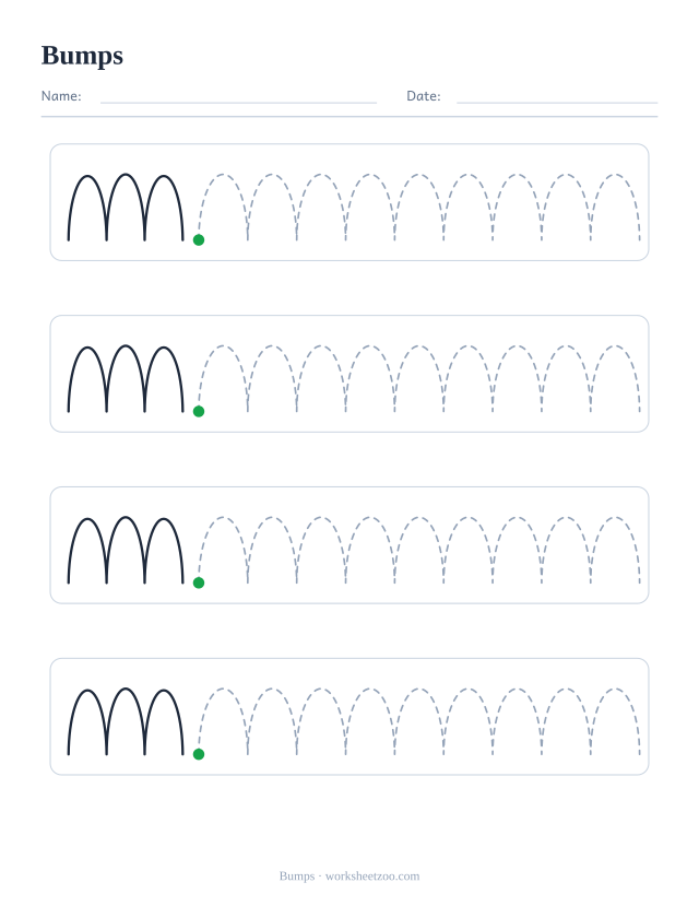Bumps pre-writing practice worksheet, a solid example followed by dashed bumps patterns to trace