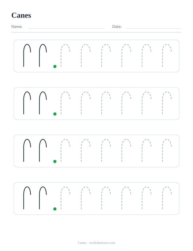 Canes pre-writing practice worksheet, a solid example followed by dashed cane patterns to trace