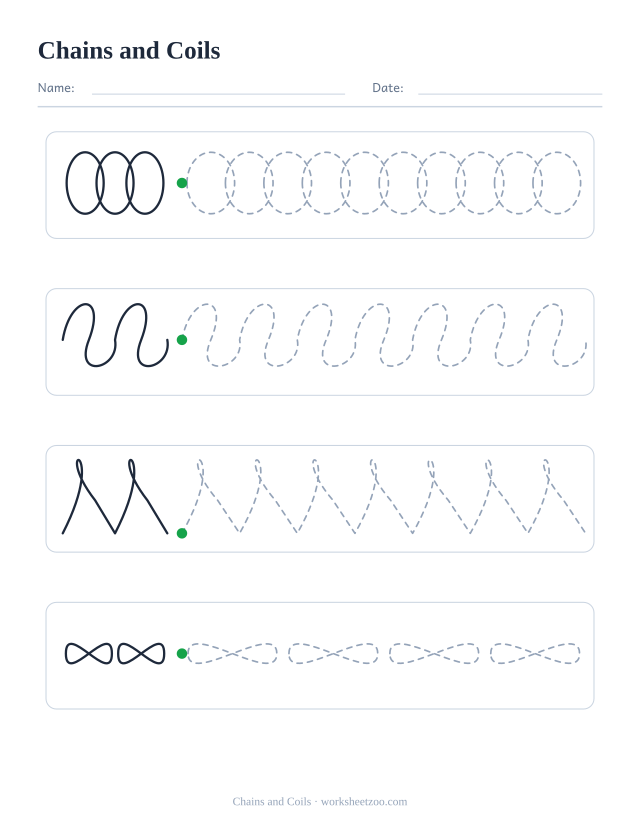 chains and coils pre-writing worksheet, four rows with a different dashed pattern on each
