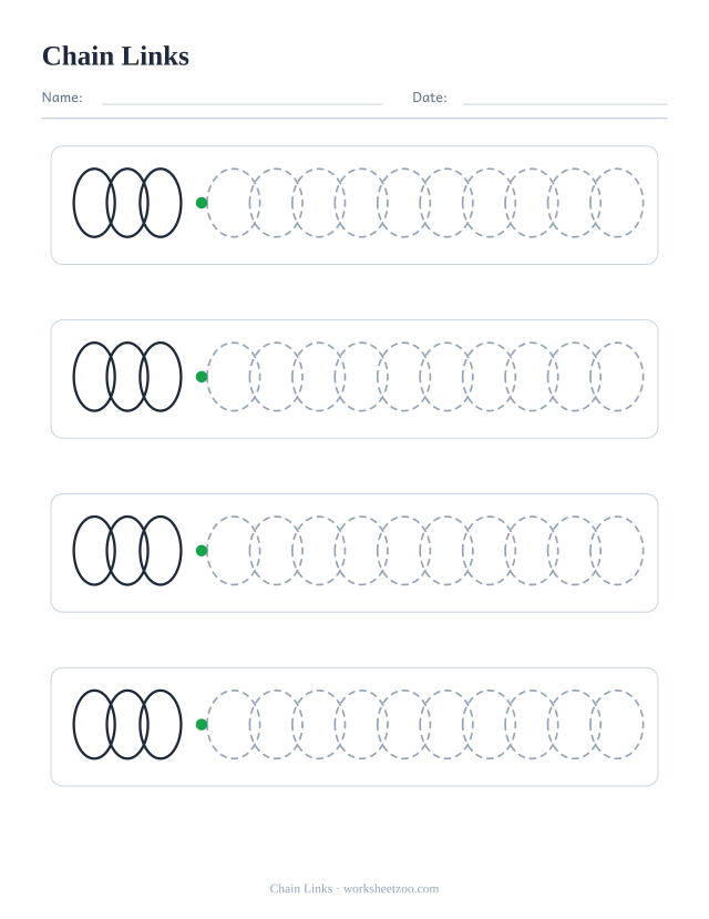 chain links pre-writing practice worksheet with a solid example and dashed patterns to trace