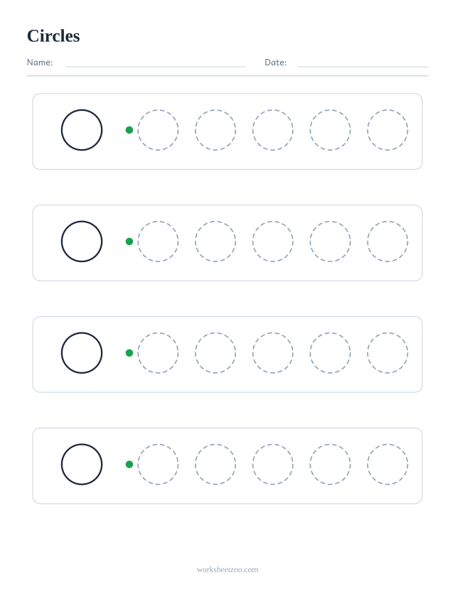 Circles pre-writing practice worksheet with dashed patterns to trace