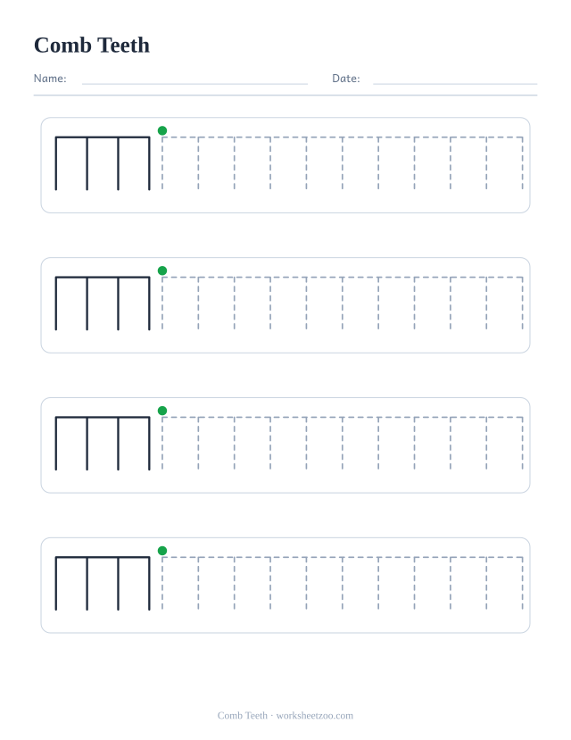 comb teeth pre-writing practice worksheet with a solid example and dashed patterns to trace