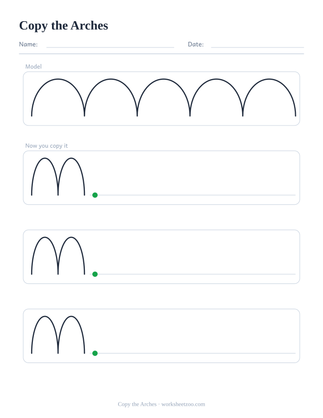 copy the arches pre-writing worksheet, a solid model row and three empty rows to copy it into