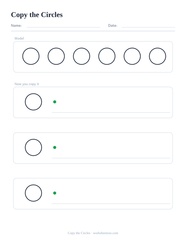 copy the circles pre-writing worksheet, a solid model row and three empty rows to copy it into