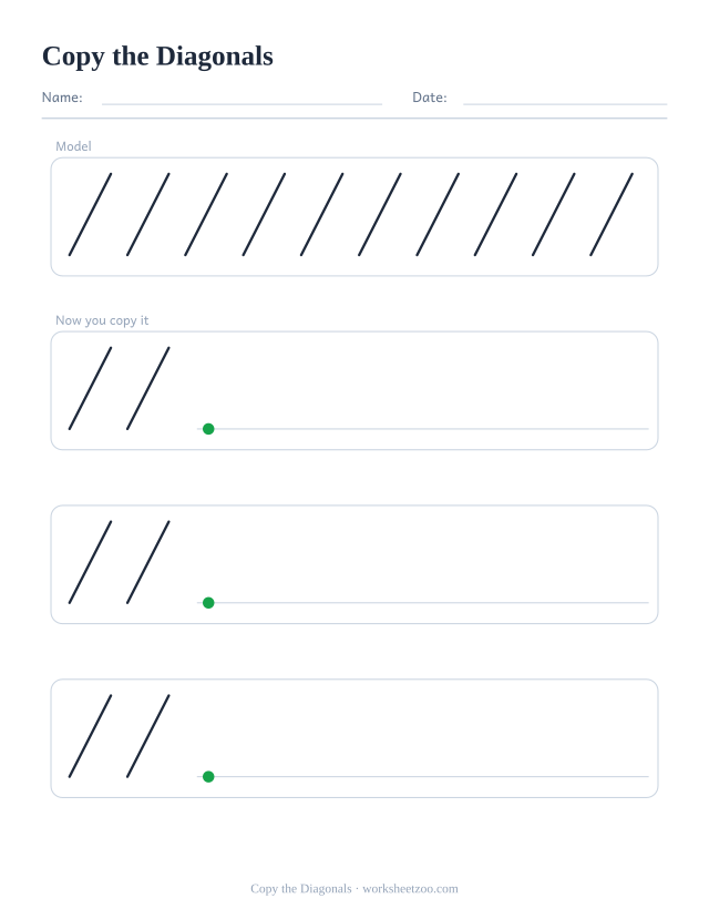 copy the diagonals pre-writing worksheet, a solid model row and three empty rows to copy it into