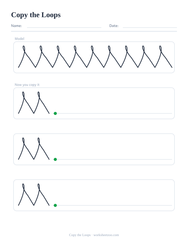 copy the loops pre-writing worksheet, a solid model row and three empty rows to copy it into