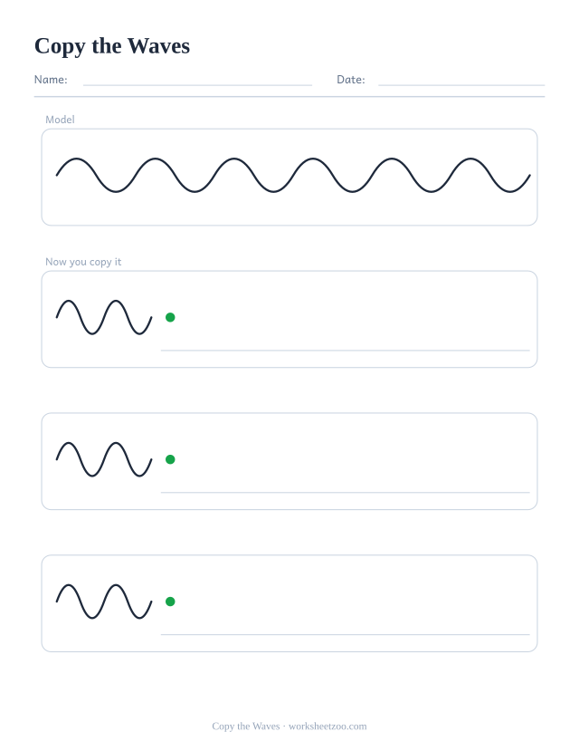 copy the waves pre-writing worksheet, a solid model row and three empty rows to copy it into