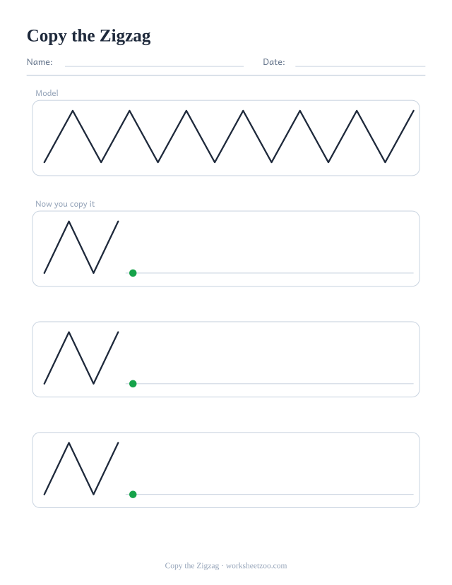 copy the zigzag pre-writing worksheet, a solid model row and three empty rows to copy it into