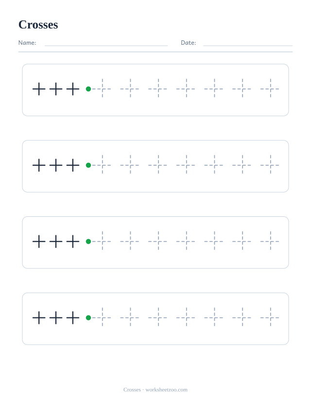 Crosses pre-writing practice worksheet, a solid example followed by dashed crosses patterns to trace